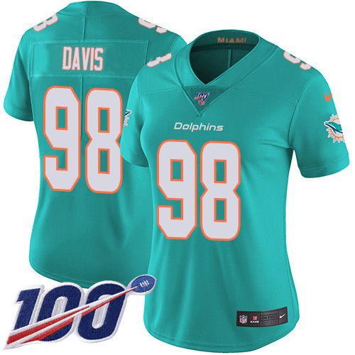 Nike Miami Dolphins #98 Raekwon Davis Aqua Green Team Color Women Stitched NFL 100th Season Vapor Untouchable Limited Jersey
